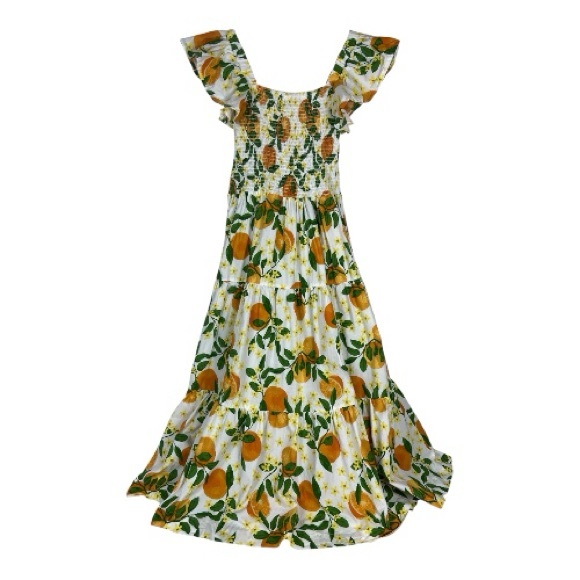 8 OAK LANE Sz M Orange Grove Smocked Tiered Dress Cotton Flutter Sleeve - Picture 2 of 13
